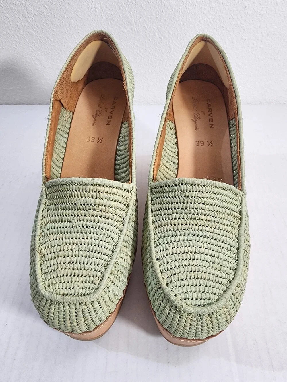 Carven x Robert Clergerie Raffia Platform Loafers Leather Sage Green EU 39.5